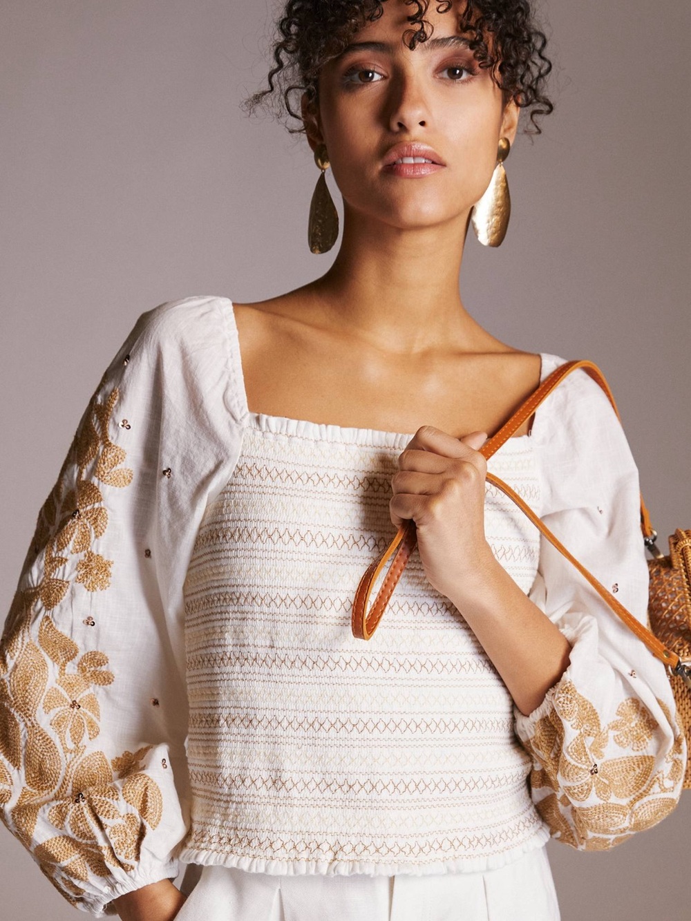 Anthropologie White Smocked Square-Neck Top with Gold Floral Embroidery